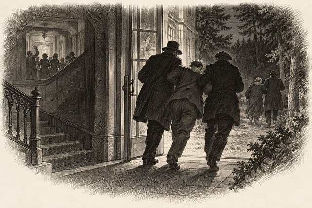An engraving-style sketch for The Big Four, 18. IN THE FELSENLABYRYNTH.