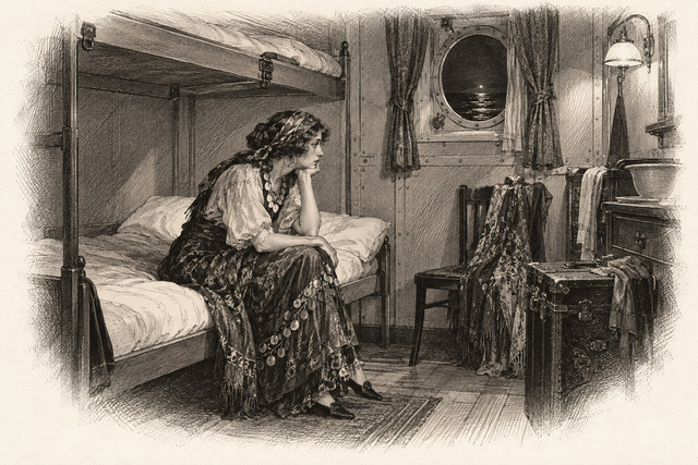 An engraving-style sketch for The Man in the Brown Suit, CHAPTER XIV.