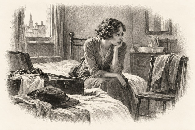 An engraving-style sketch for The Man in the Brown Suit, CHAPTER XIX.