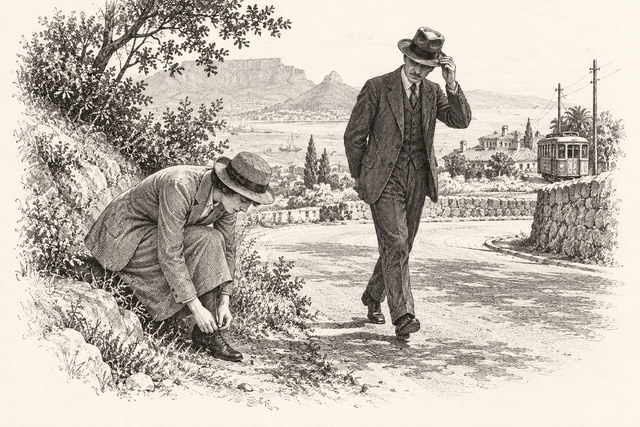 An engraving-style sketch for The Man in the Brown Suit, CHAPTER XXI.