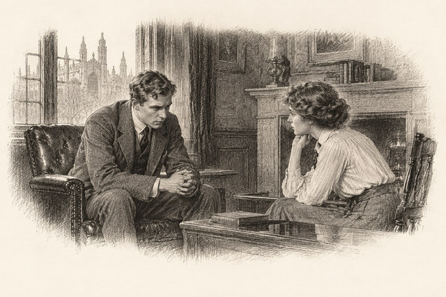 An engraving-style sketch for The Man in the Brown Suit, CHAPTER XXVI.