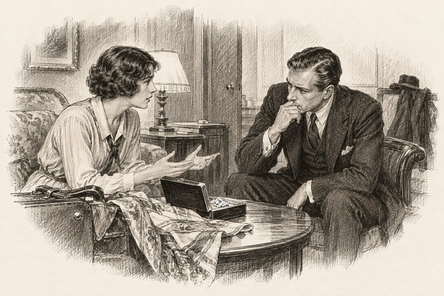 An engraving-style sketch for The Man in the Brown Suit, CHAPTER XXVII.