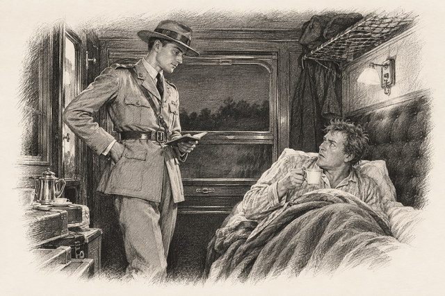 An engraving-style sketch for The Man in the Brown Suit, CHAPTER XXVIII.