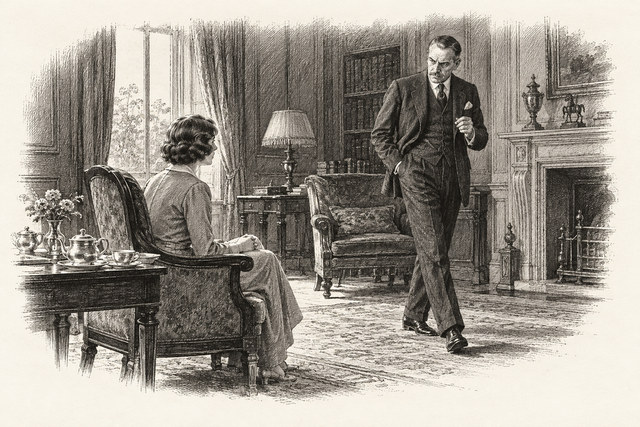 An engraving-style sketch for The Man in the Brown Suit, CHAPTER XXXIII.