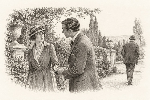An engraving-style sketch for The Man in the Brown Suit, CHAPTER XXXV.