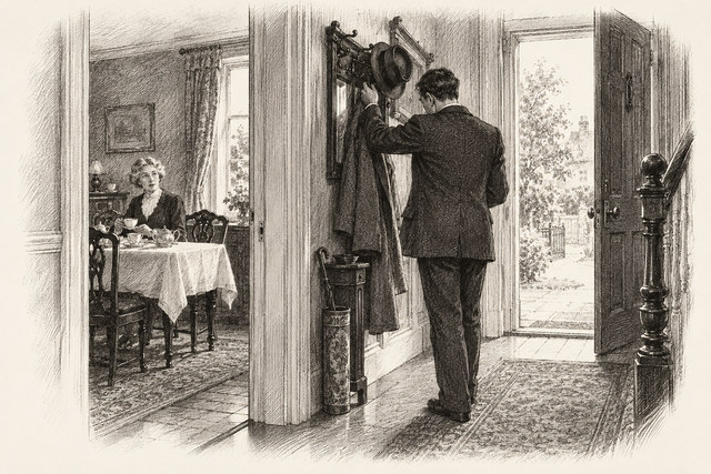 An engraving-style sketch for The Murder of Roger Ackroyd, CHAPTER I. DR. SHEPPARD AT THE BREAKFAST TABLE.