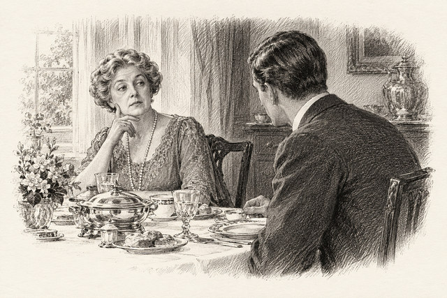 An engraving-style sketch for The Murder of Roger Ackroyd, CHAPTER III. THE MAN WHO GREW VEGETABLE MARROWS.