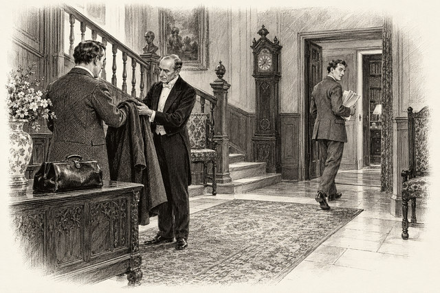 An engraving-style sketch for The Murder of Roger Ackroyd, CHAPTER IV. DINNER AT FERNLY.