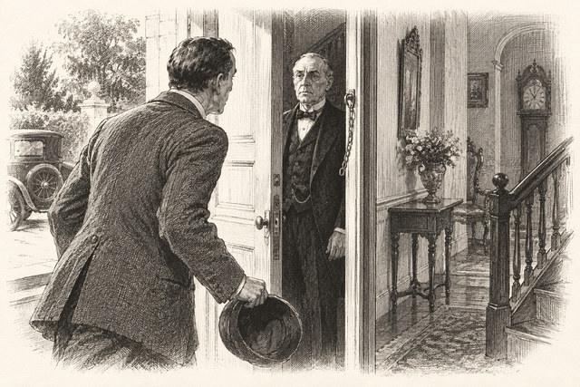 An engraving-style sketch for The Murder of Roger Ackroyd, CHAPTER V. MURDER.
