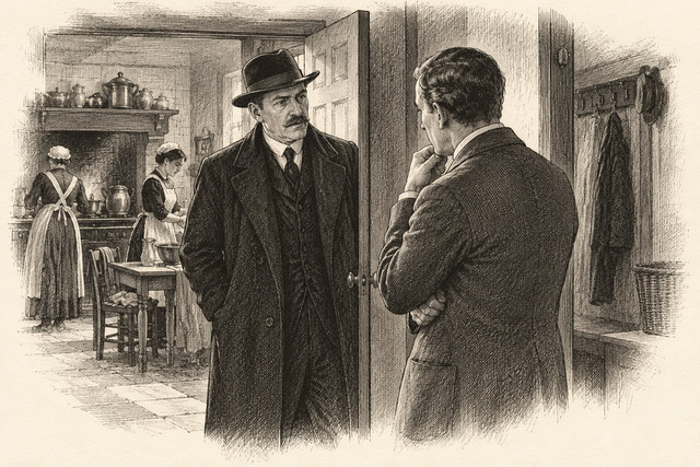 An engraving-style sketch for The Murder of Roger Ackroyd, CHAPTER VI. THE TUNISIAN DAGGER.