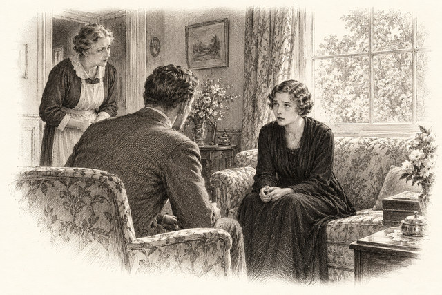 An engraving-style sketch for The Murder of Roger Ackroyd, CHAPTER VII. I LEARN MY NEIGHBOR’S PROFESSION.