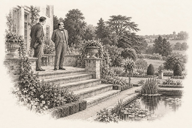 An engraving-style sketch for The Murder of Roger Ackroyd, CHAPTER IX. THE GOLDFISH POND.