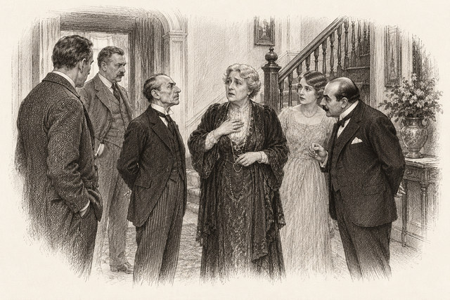 An engraving-style sketch for The Murder of Roger Ackroyd, CHAPTER X. THE PARLORMAID.