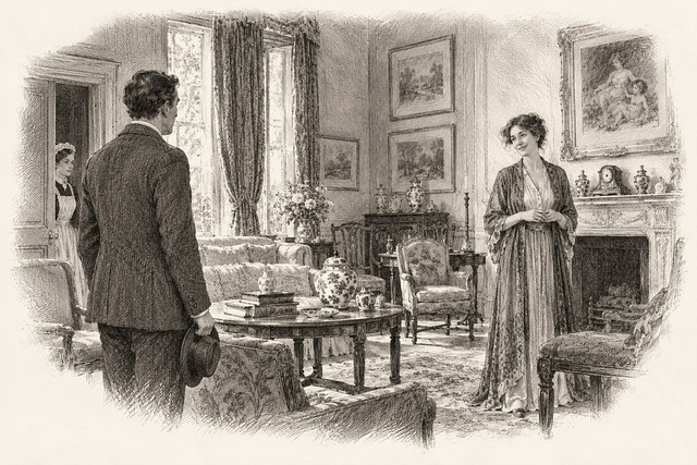 An engraving-style sketch for The Murder of Roger Ackroyd, CHAPTER XI. POIROT PAYS A CALL.
