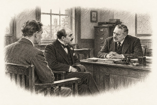 An engraving-style sketch for The Murder of Roger Ackroyd, CHAPTER XII. ROUND THE TABLE.