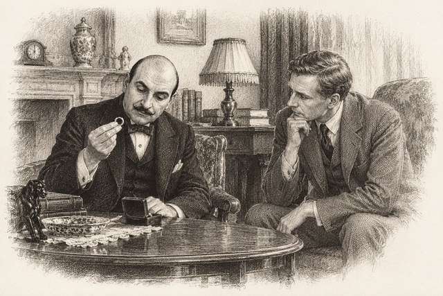An engraving-style sketch for The Murder of Roger Ackroyd, CHAPTER XIV. MRS. ACKROYD.