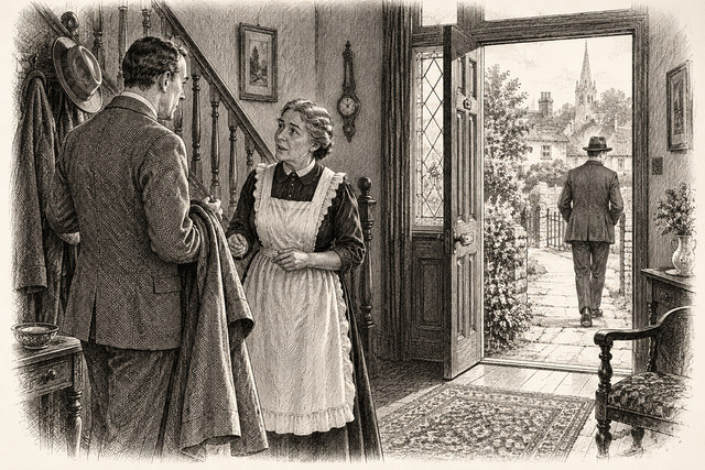 An engraving-style sketch for The Murder of Roger Ackroyd, CHAPTER XV. GEOFFREY RAYMOND.