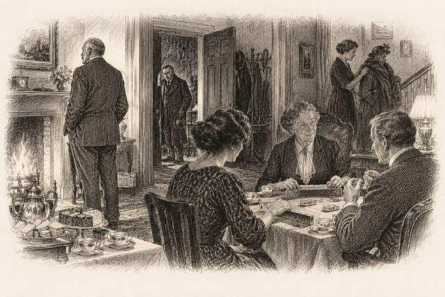 An engraving-style sketch for The Murder of Roger Ackroyd, CHAPTER XVI. AN EVENING AT MAH JONG.