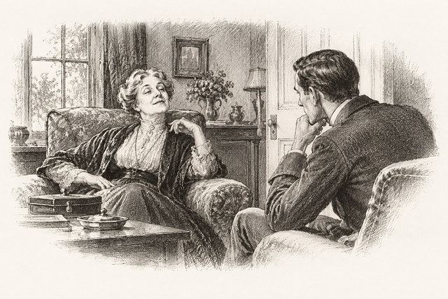 An engraving-style sketch for The Murder of Roger Ackroyd, CHAPTER XXI. THE PARAGRAPH IN THE PAPER.