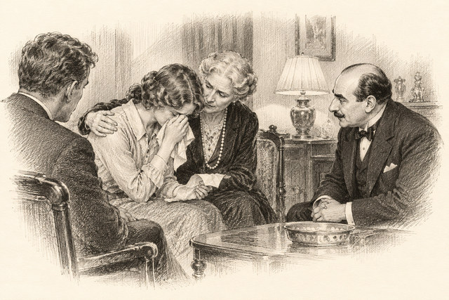 An engraving-style sketch for The Murder of Roger Ackroyd, CHAPTER XXII. URSULA’S STORY.