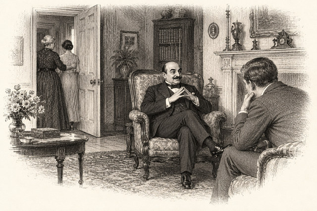 An engraving-style sketch for The Murder of Roger Ackroyd, CHAPTER XXIII. POIROT’S LITTLE REUNION.