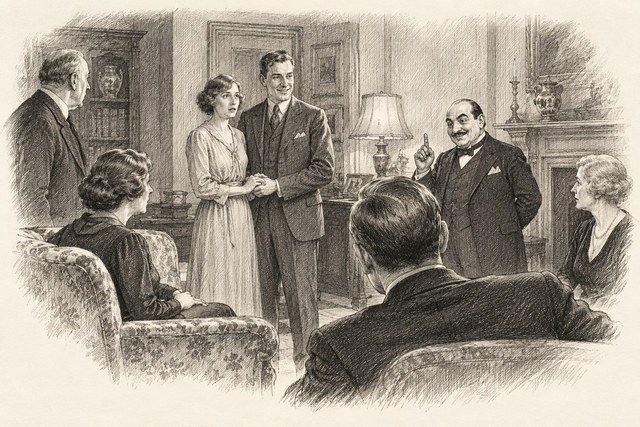 An engraving-style sketch for The Murder of Roger Ackroyd, CHAPTER XXIV. RALPH PATON’S STORY.