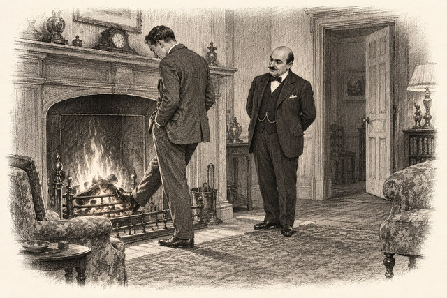 An engraving-style sketch for The Murder of Roger Ackroyd, CHAPTER XXV. THE WHOLE TRUTH.