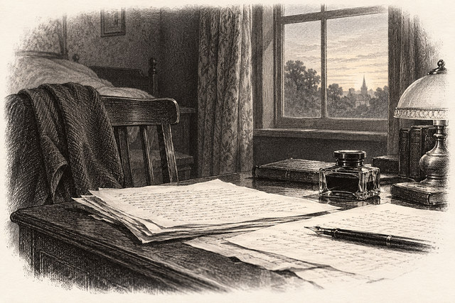 An engraving-style sketch for The Murder of Roger Ackroyd, CHAPTER XXVII. APOLOGIA.