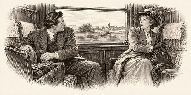 An engraving-style sketch for The Murder on the Links, 1A Fellow Traveller.