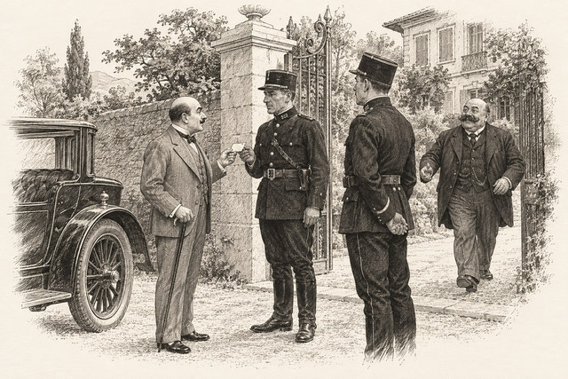 An engraving-style sketch for The Murder on the Links, 3At the Villa Geneviève.