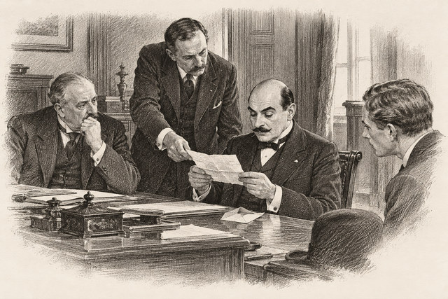 An engraving-style sketch for The Murder on the Links, 4The Letter Signed “Bella”.