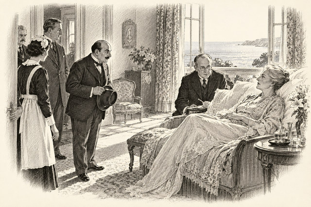 An engraving-style sketch for The Murder on the Links, 5Mrs. Renauld’s Story.