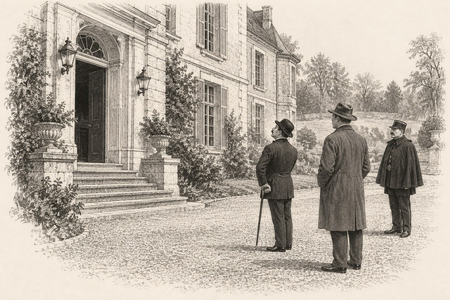 An engraving-style sketch for The Murder on the Links, 6The Scene of the Crime.