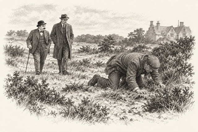 An engraving-style sketch for The Murder on the Links, 7The Mysterious Madame Daubreuil.