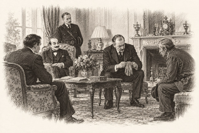 An engraving-style sketch for The Murder on the Links, 9M. Giraud Finds Some Clues.