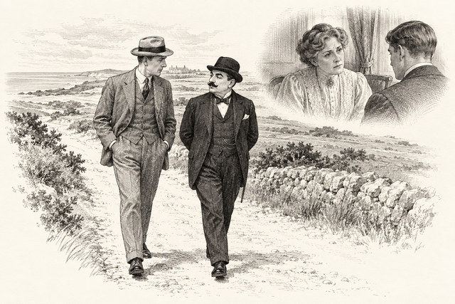 An engraving-style sketch for The Murder on the Links, 12Poirot Elucidates Certain Points.