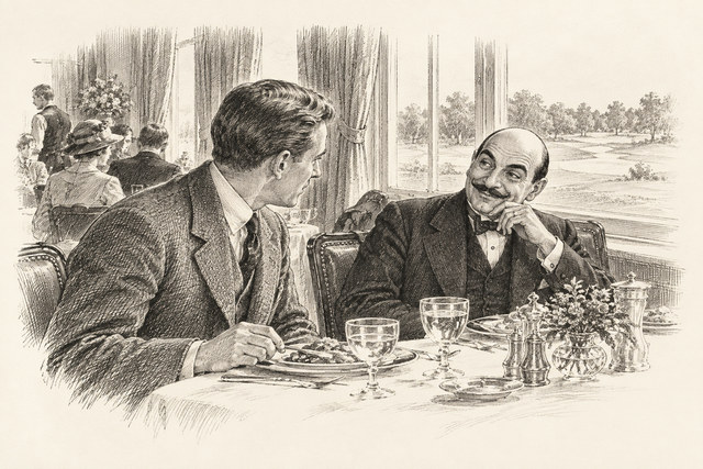 An engraving-style sketch for The Murder on the Links, 13The Girl with the Anxious Eyes.