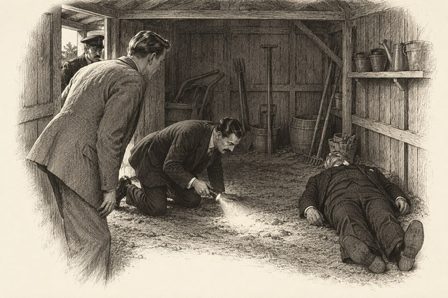 An engraving-style sketch for The Murder on the Links, 14The Second Body.