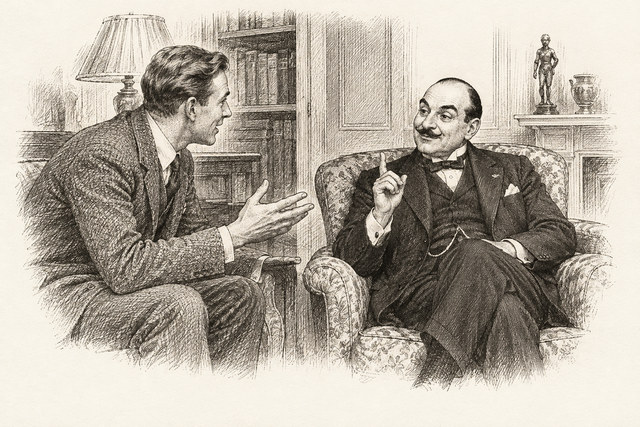 An engraving-style sketch for The Murder on the Links, 17We Make Further Investigations.
