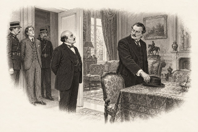 An engraving-style sketch for The Murder on the Links, 19I Use My Grey Cells.
