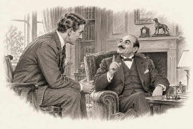 An engraving-style sketch for The Murder on the Links, 20An Amazing Statement.