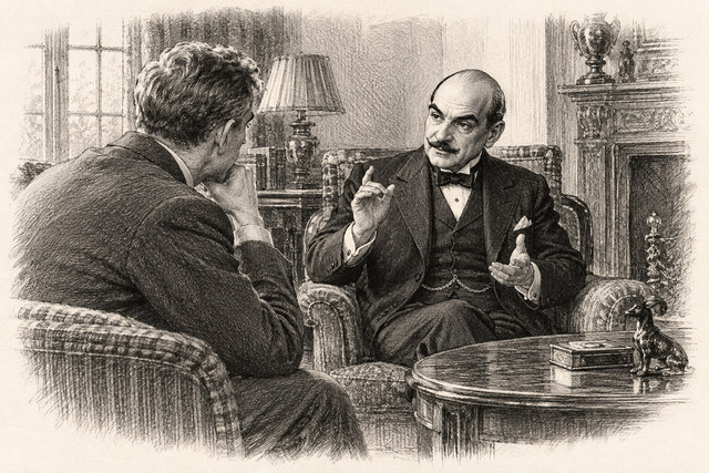 An engraving-style sketch for The Murder on the Links, 21Hercule Poirot on the Case!.