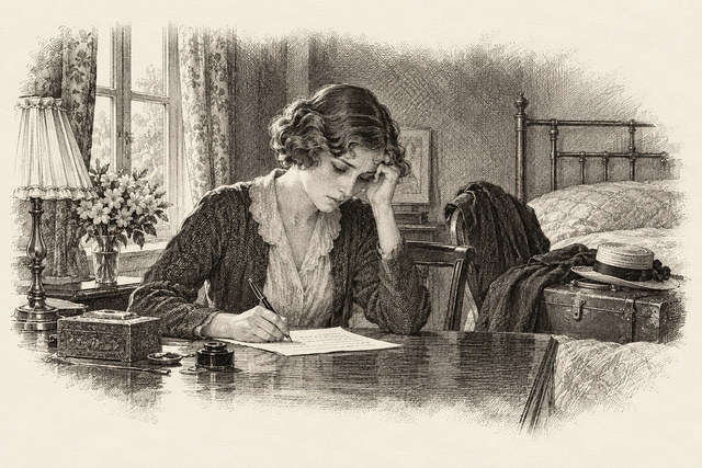 An engraving-style sketch for The Murder on the Links, 26I Receive a Letter.