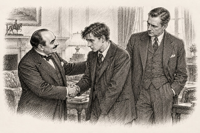 An engraving-style sketch for The Murder on the Links, 27Jack Renauld’s Story.