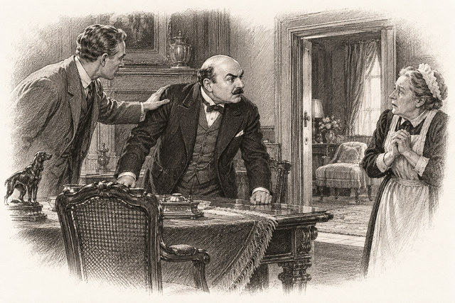 An engraving-style sketch for The Murder on the Links, 28Journey’s End.