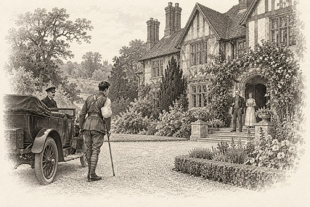 An engraving-style sketch for The Mysterious Affair at Styles, CHAPTER I. I GO TO STYLES.