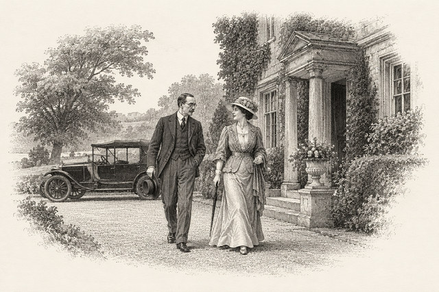 An engraving-style sketch for The Mysterious Affair at Styles, CHAPTER II. THE 16TH AND 17TH OF JULY.