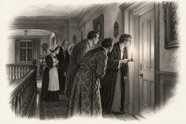 An engraving-style sketch for The Mysterious Affair at Styles, CHAPTER III. THE NIGHT OF THE TRAGEDY.