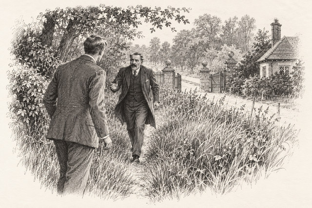 An engraving-style sketch for The Mysterious Affair at Styles, CHAPTER IV. POIROT INVESTIGATES.