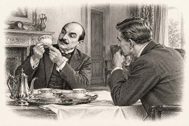 An engraving-style sketch for The Mysterious Affair at Styles, CHAPTER V. “IT ISN’T STRYCHNINE, IS IT?”.